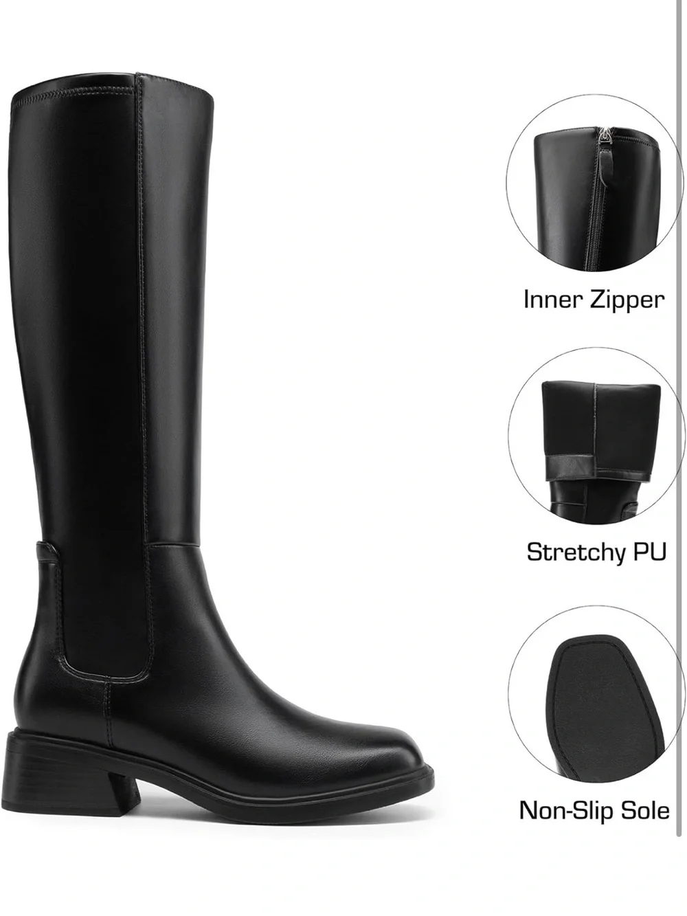 Knee High Boots Square Toe Low Block Heel Casual Comfort W/ Side Zipper 1283-1